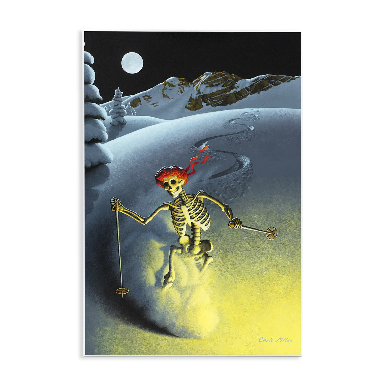Nighttime Moon Skiing Skeleton Winter Snow Slope Wall Plaque Art